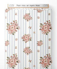 Tissu - Fleurs roses sur rayures bleues