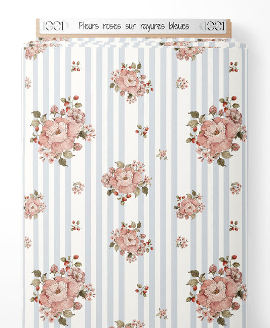 Tissu - Fleurs roses sur rayures bleues