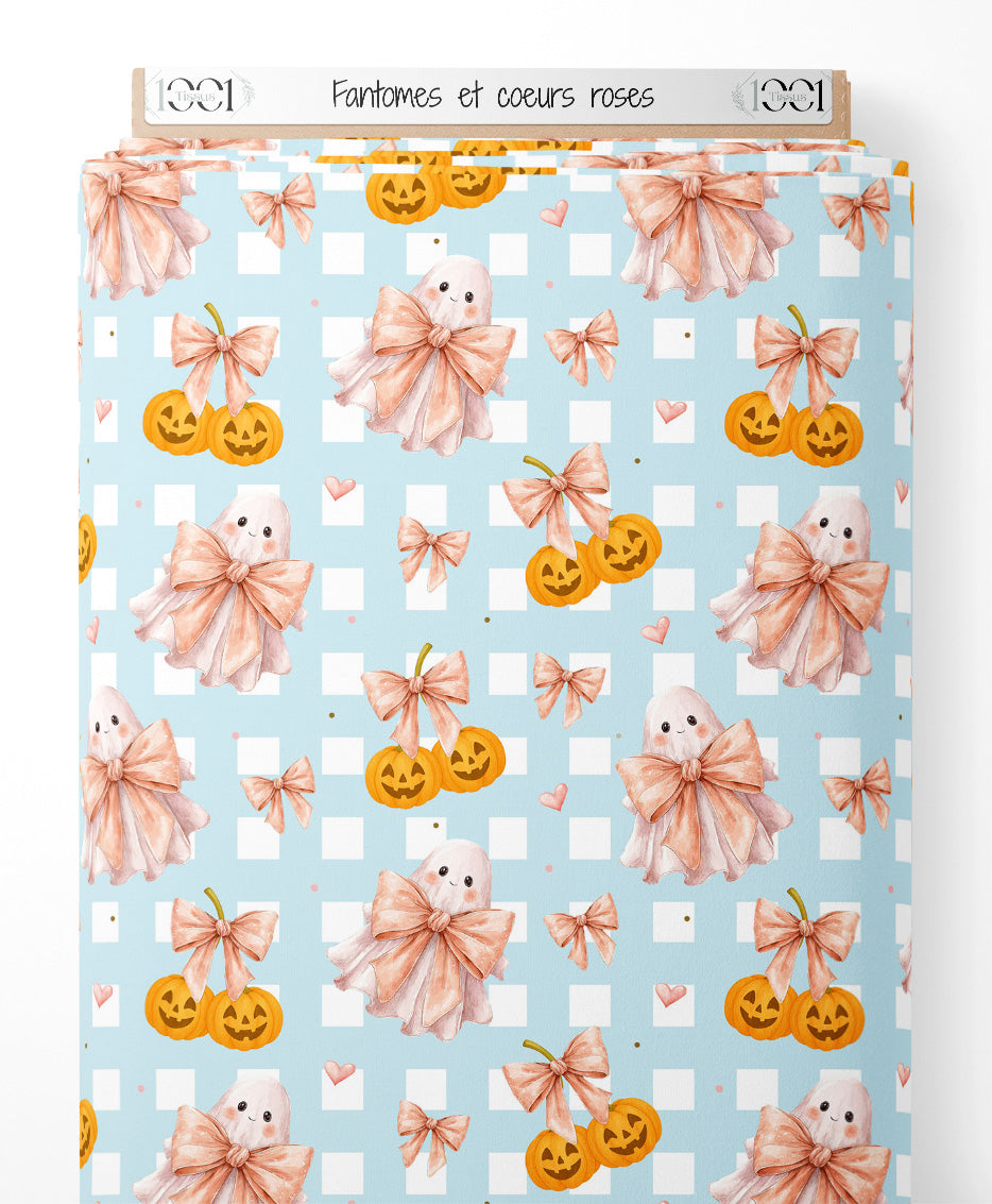 Tissu - Fantômes et cœurs roses