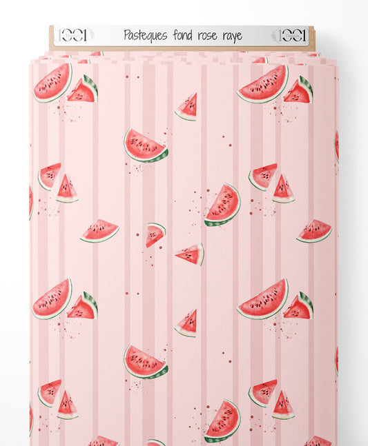 Tissu - Pastèques sur fond rose rayé