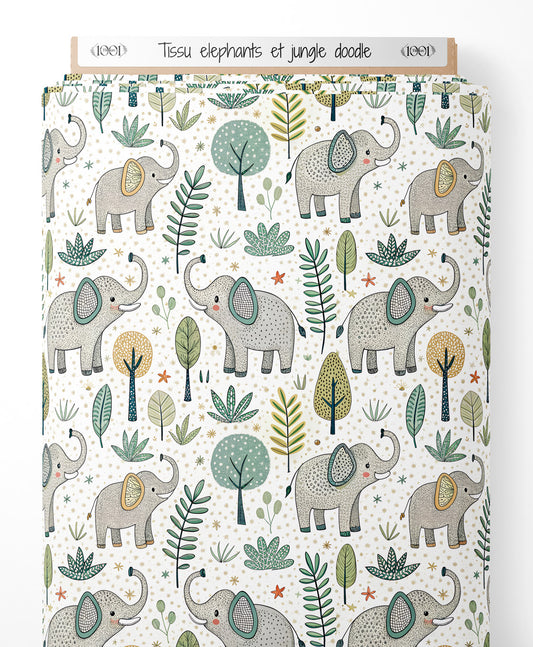 Tissu - elephants et jungle doodle