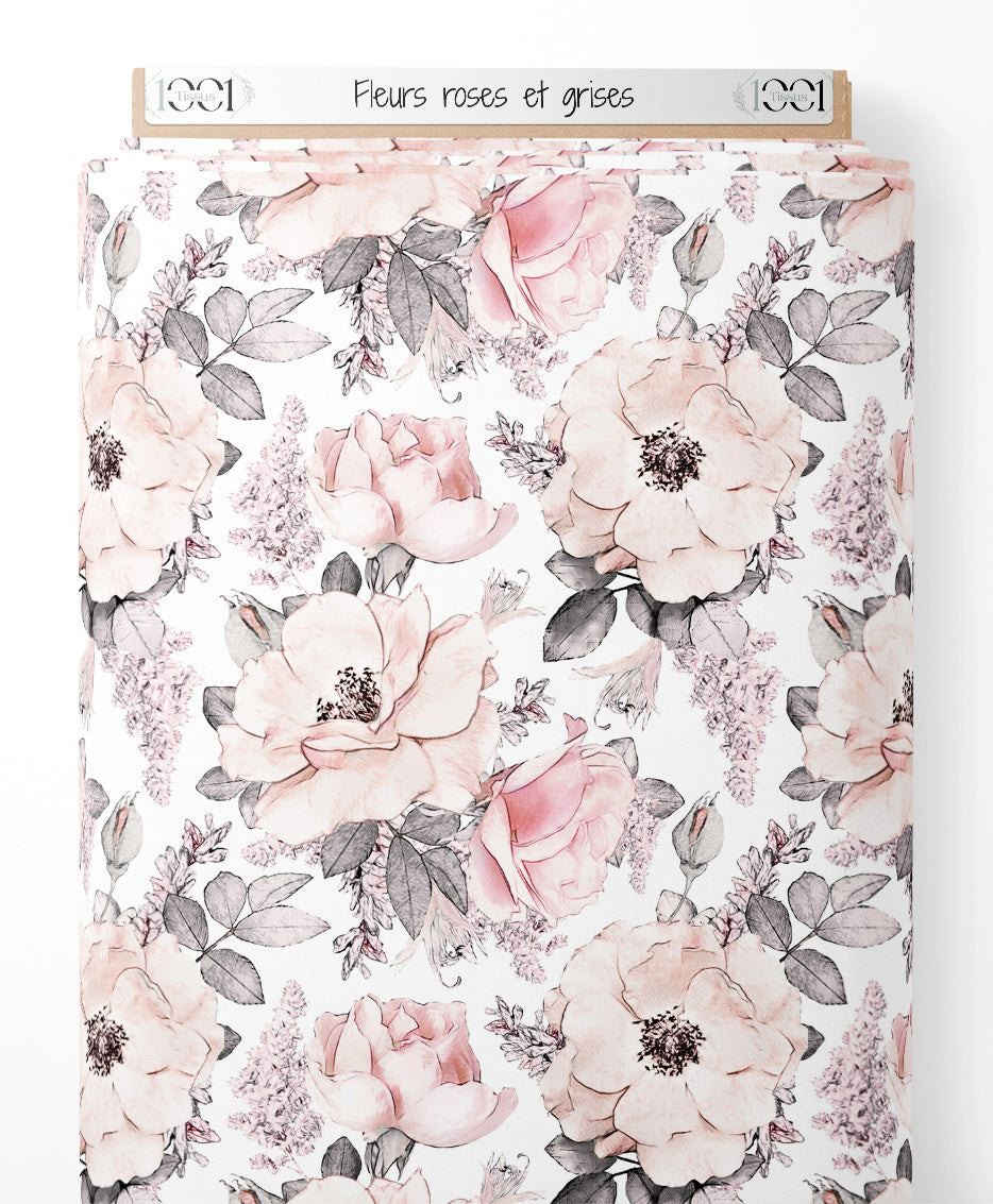 Tissu - Fleurs roses et grises