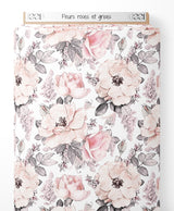 Tissu - Fleurs roses et grises