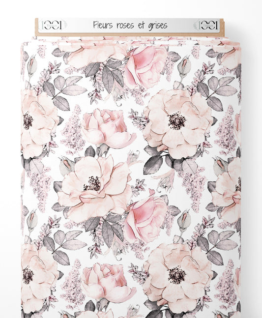Tissu - Fleurs roses et grises