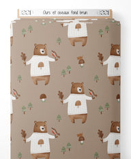 Tissu - Ours et oiseaux sur fond brun
