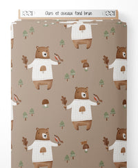 Tissu - Ours et oiseaux sur fond brun