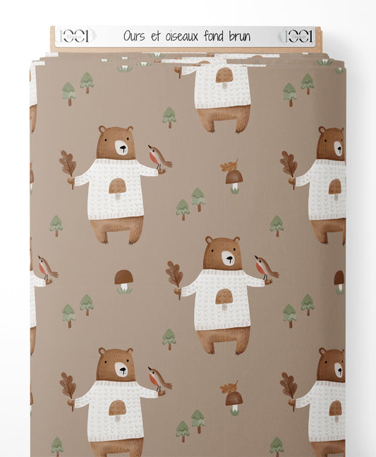 Tissu - Ours et oiseaux sur fond brun