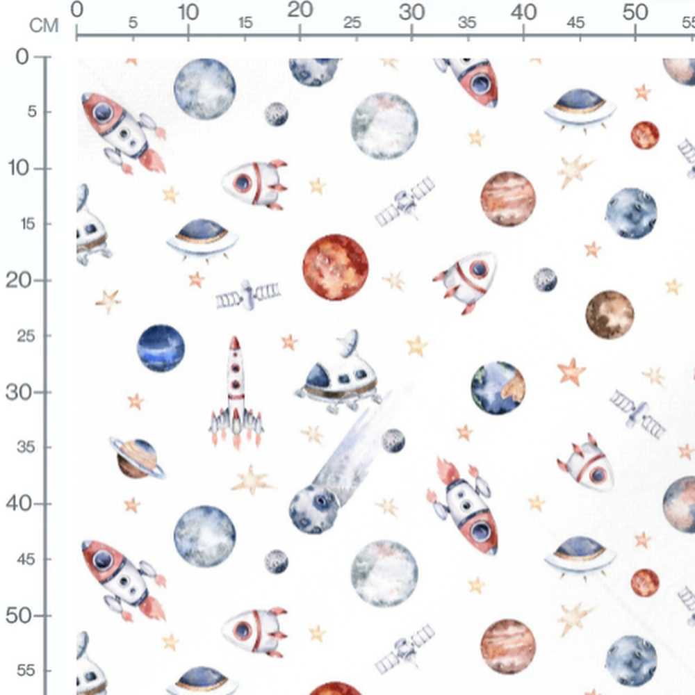 Tissu - Fusées rouges sur fond blanc