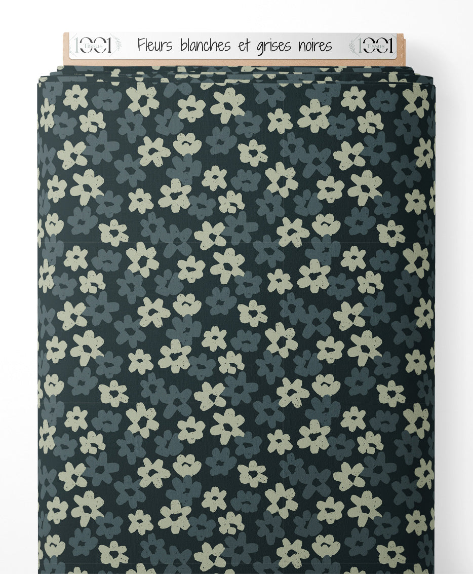 Tissu - Fleurs blanches et grises noires