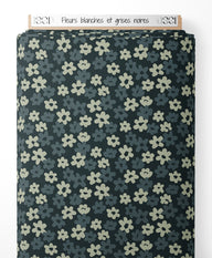 Tissu - Fleurs blanches et grises noires