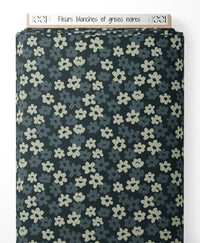 Tissu - Fleurs blanches et grises noires