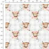 Tissu - Vaches et fleurs sur carreaux gris