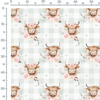 Tissu - Vaches et fleurs sur carreaux gris