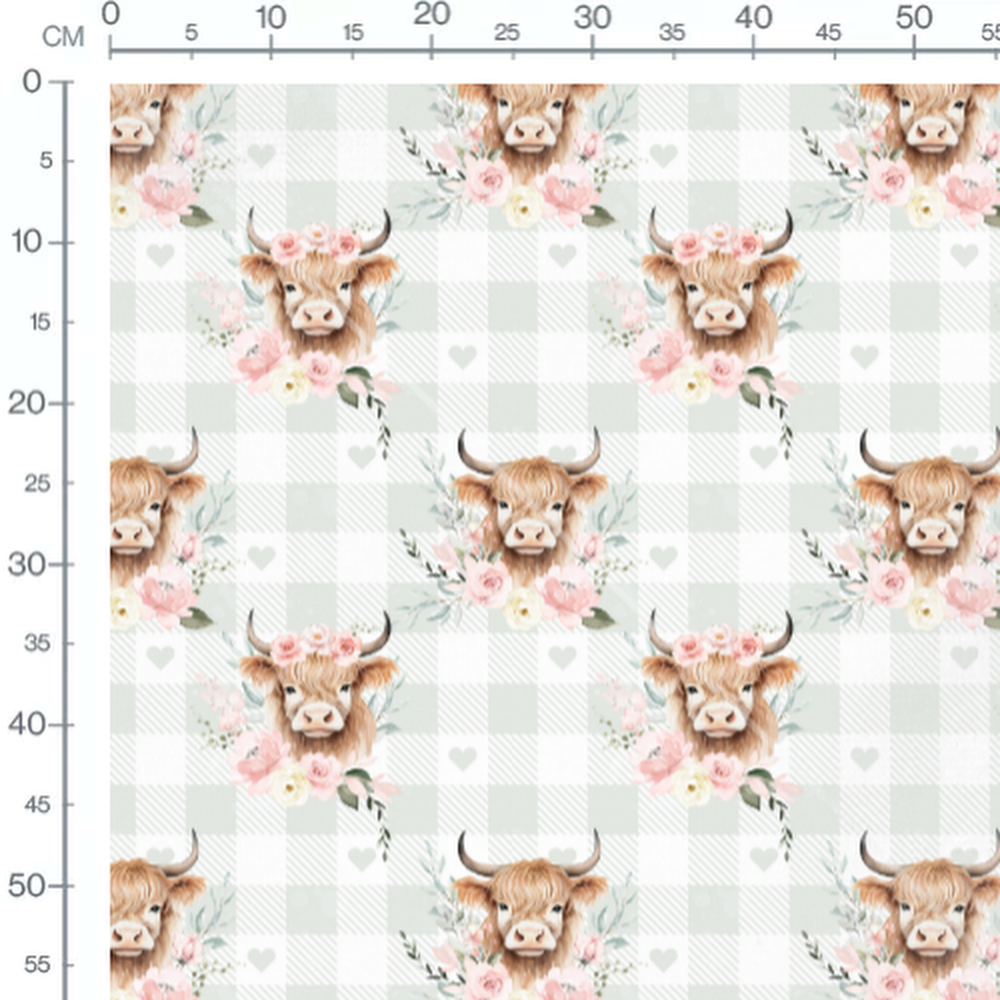 Tissu - Vaches et fleurs sur carreaux gris