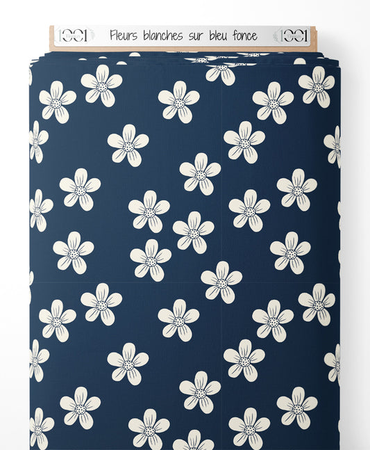 Tissu - Fleurs blanches sur bleu foncé