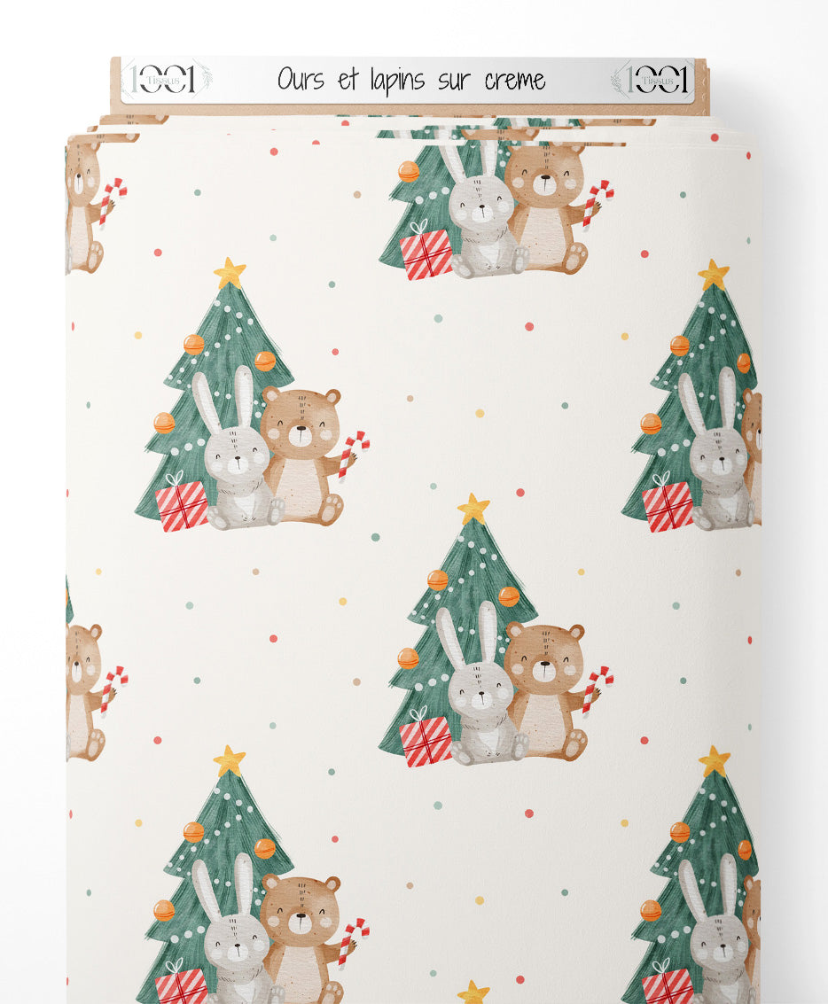 Tissu - Ours et lapins sur crème
