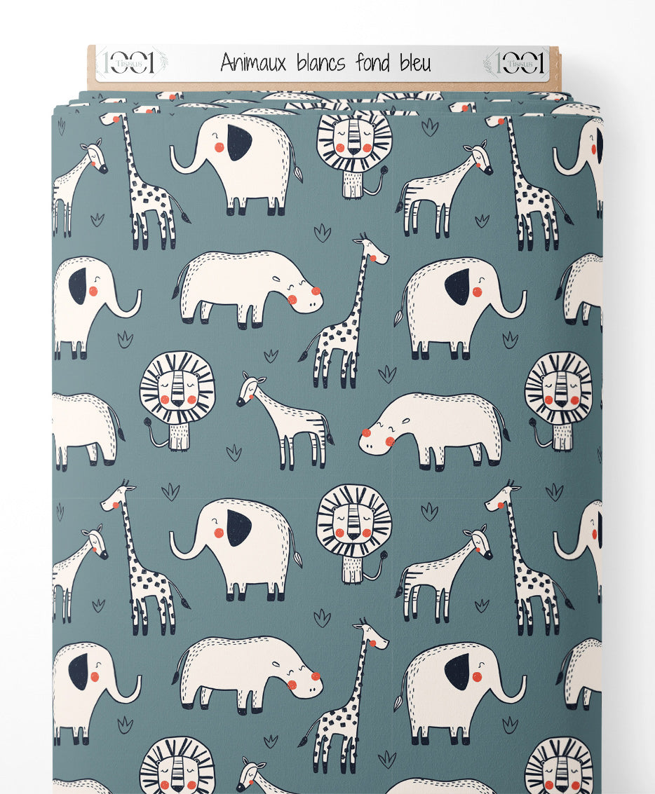 Tissu - Animaux blancs sur fond bleu