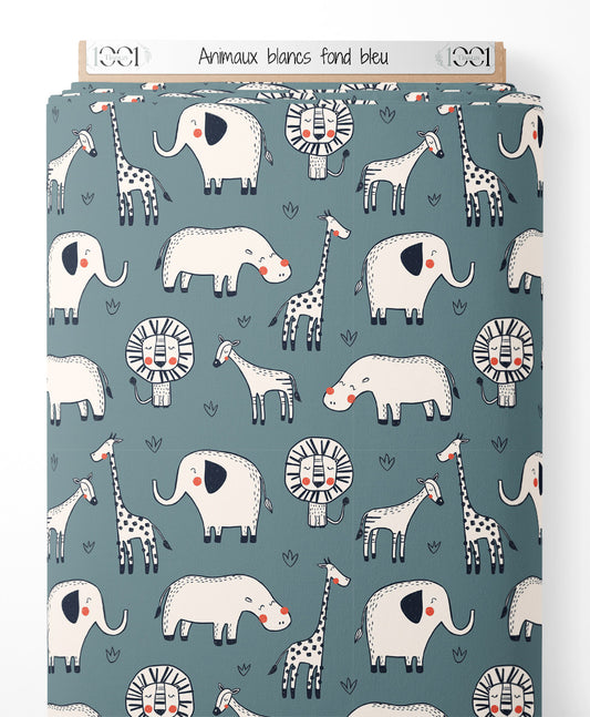 Tissu - Animaux blancs sur fond bleu