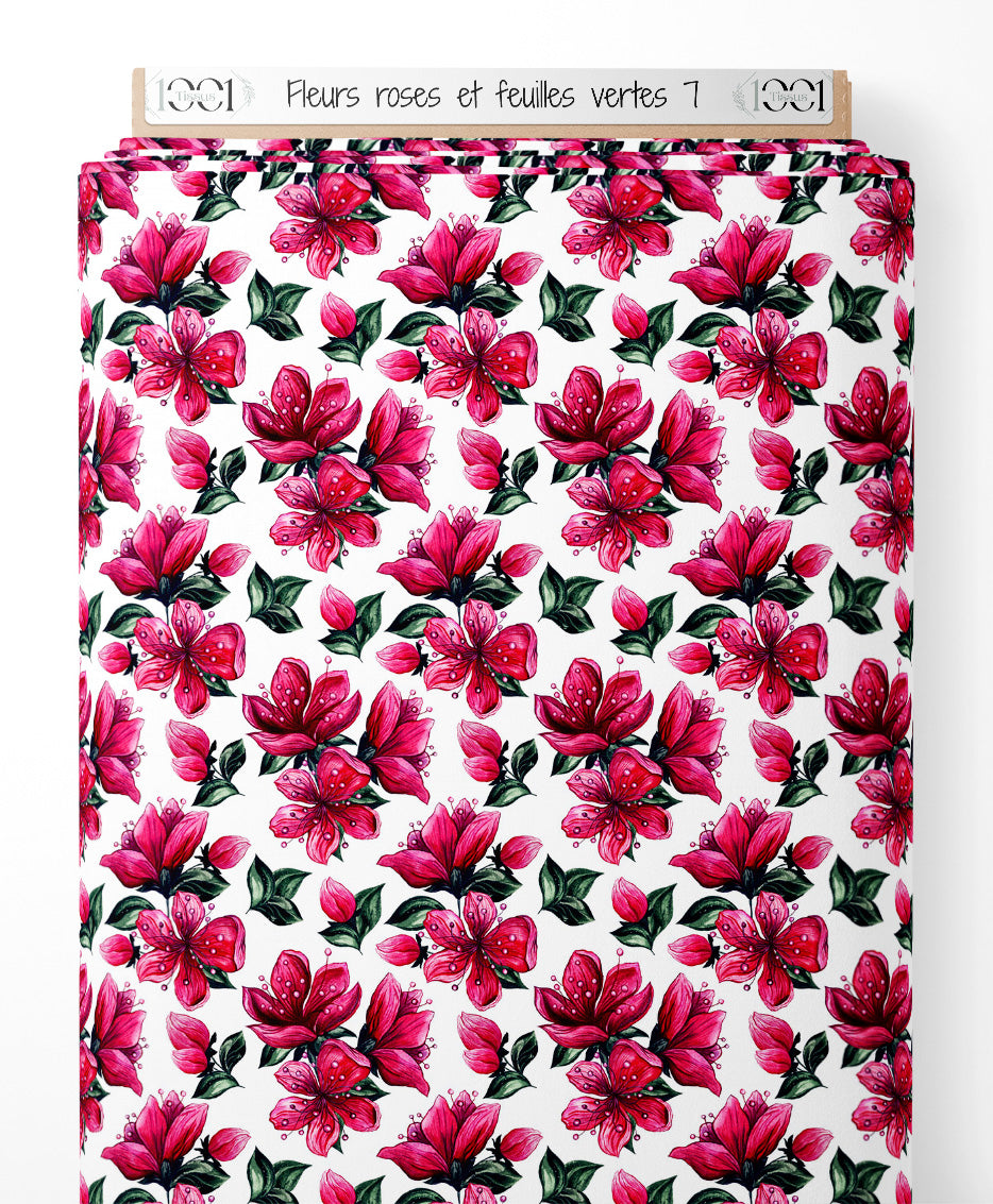 Tissu - Fleurs roses et feuilles vertes 7