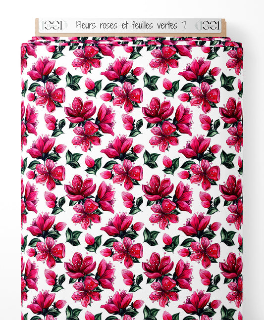 Tissu - Fleurs roses et feuilles vertes 7