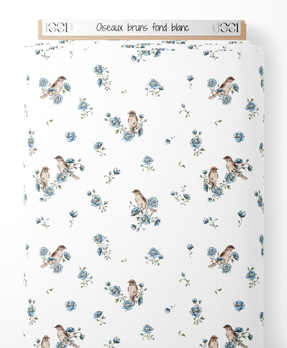 Tissu - Oiseaux bruns sur fond blanc