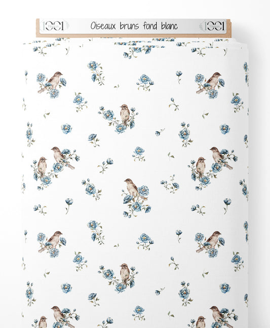 Tissu - Oiseaux bruns sur fond blanc