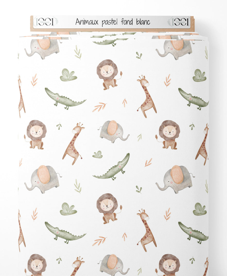 Tissu - Animaux pastel sur fond blanc