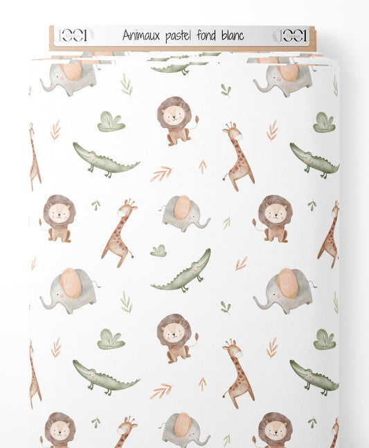 Tissu - Animaux pastel sur fond blanc