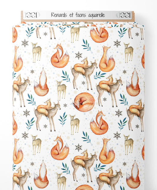 Tissu - Renards et faons aquarelle