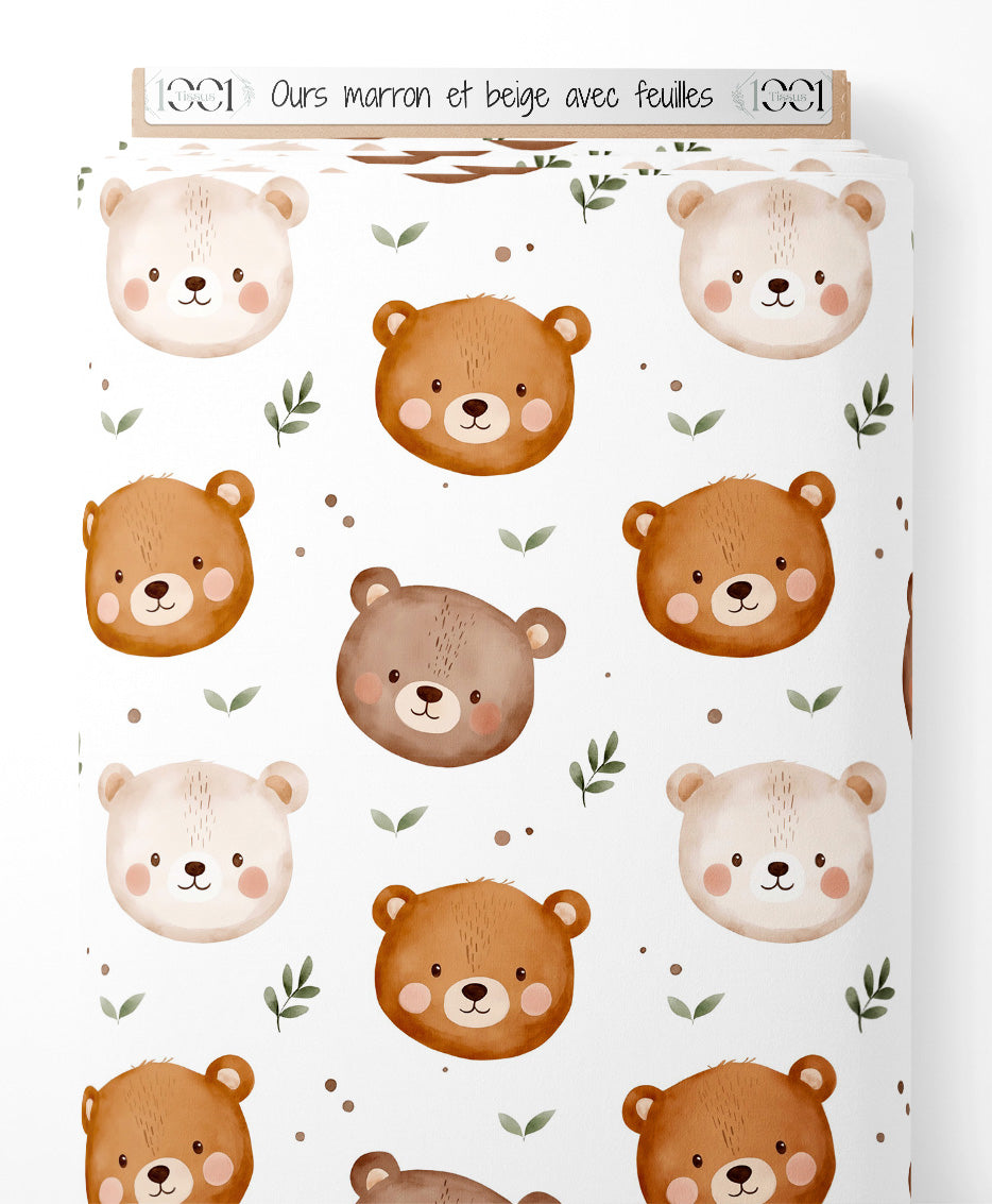Tissu - Ours marron et beige avec feuilles