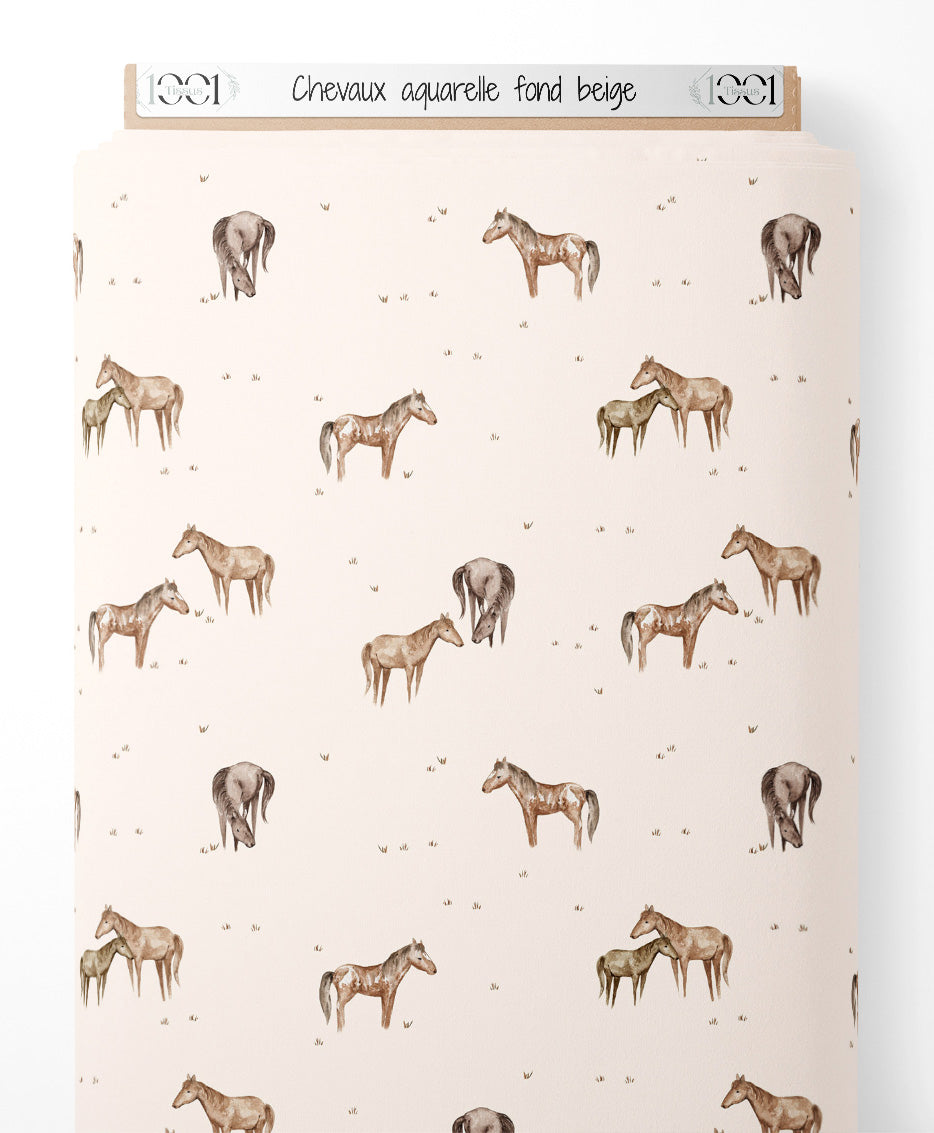 Tissu - Chevaux aquarelle fond beige
