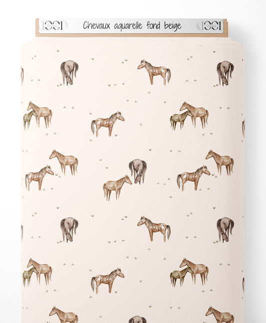 Tissu - Chevaux aquarelle fond beige