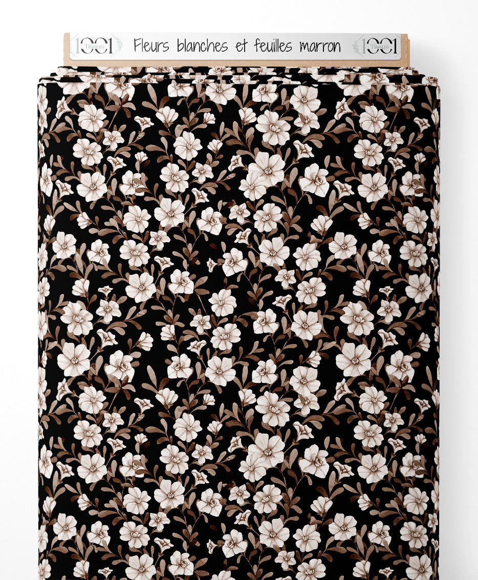 Tissu - Fleurs blanches et feuilles marron