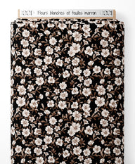 Tissu - Fleurs blanches et feuilles marron