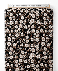 Tissu - Fleurs blanches et feuilles marron