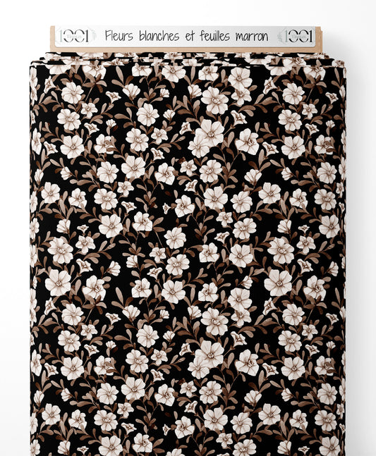 Tissu - Fleurs blanches et feuilles marron