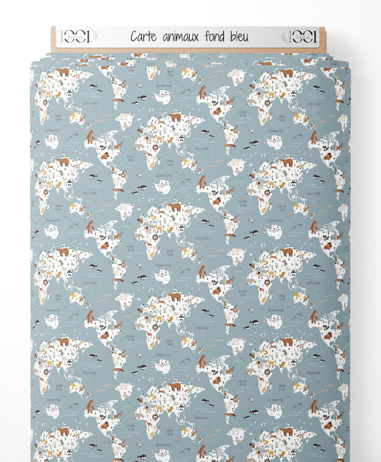 Tissu - Carte animaux sur fond bleu