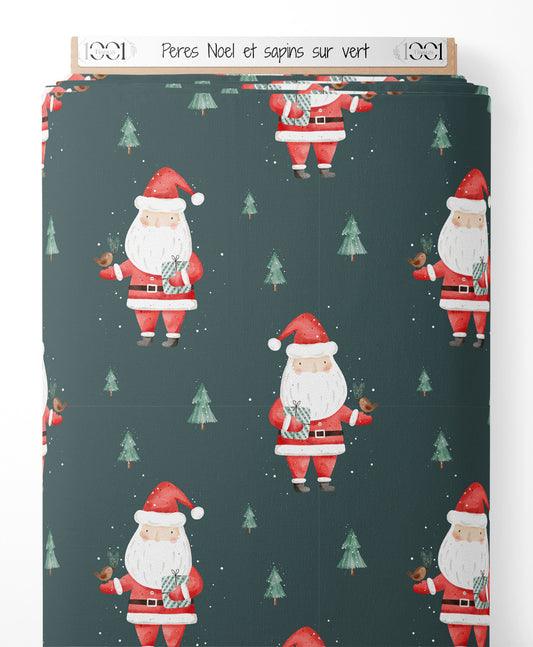 Tissu - Pères Noël et sapins sur vert