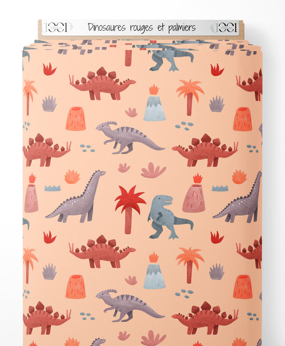 Tissu - Dinosaures rouges et palmiers