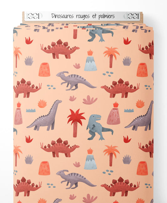 Tissu - Dinosaures rouges et palmiers
