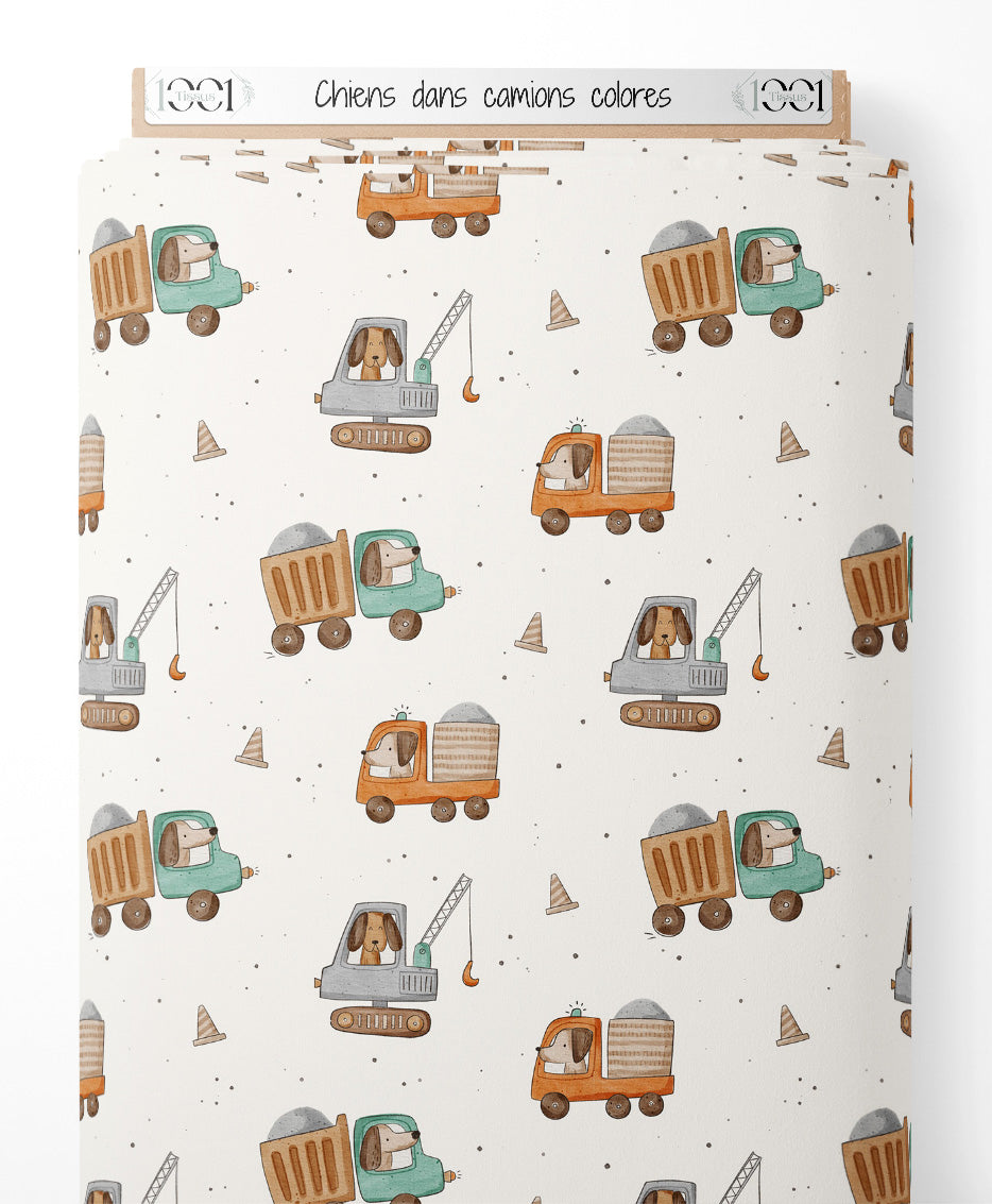 Tissu - Chiens dans camions colorés