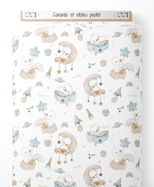 Tissu - Canards et étoiles pastel