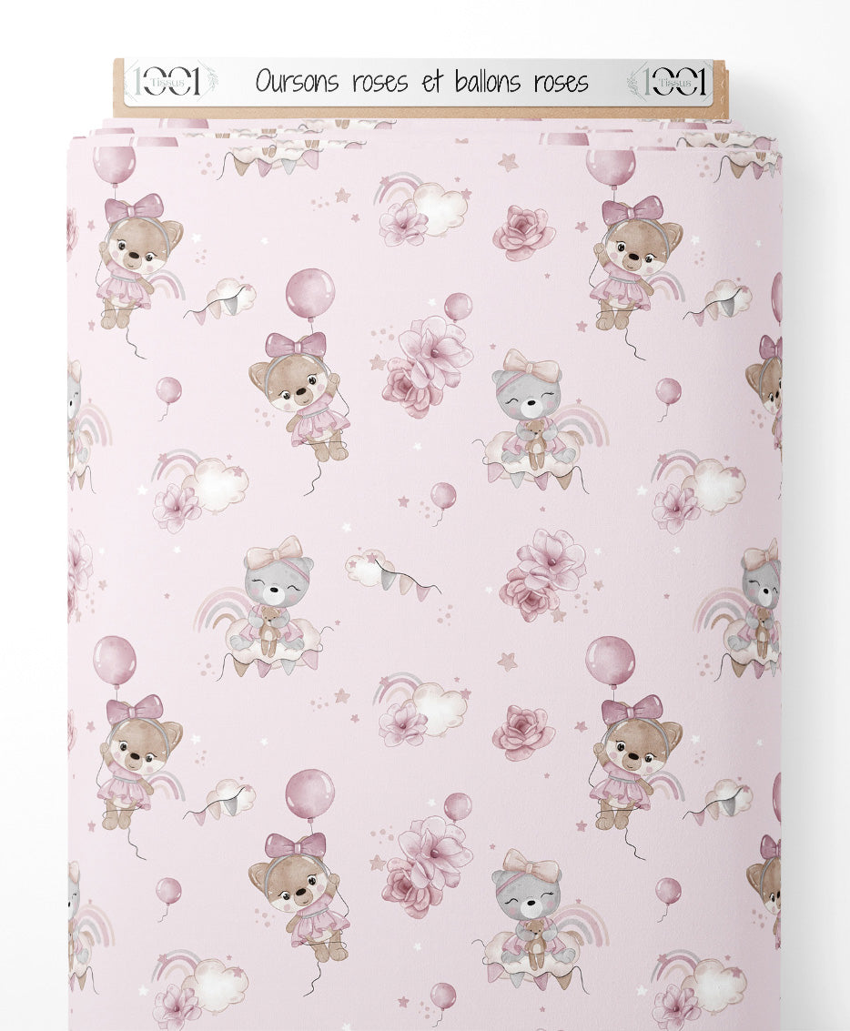 Tissu - Oursons roses et ballons roses