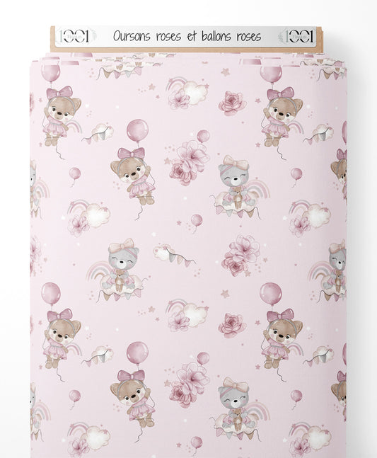 Tissu - Oursons roses et ballons roses