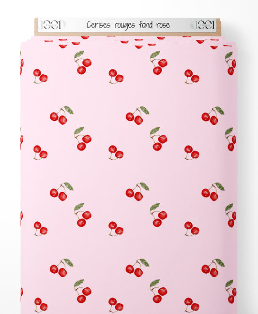 Tissu - Cerises rouges sur fond rose
