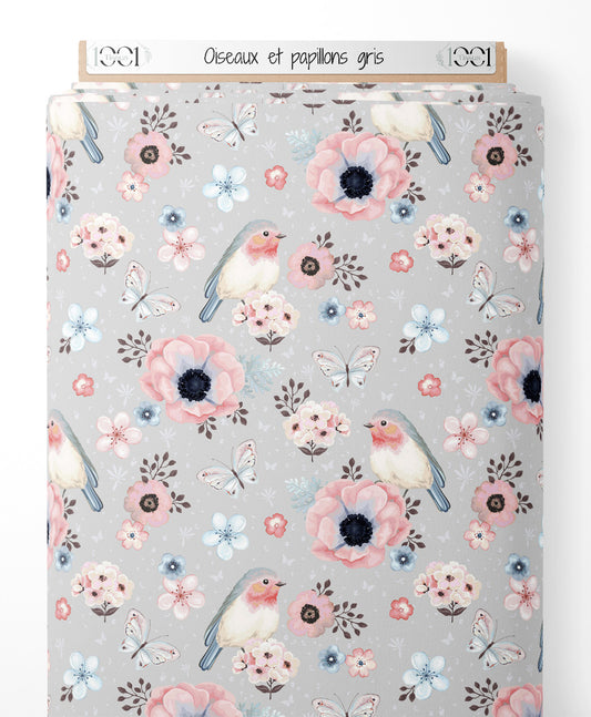 Tissu - Oiseaux et papillons gris