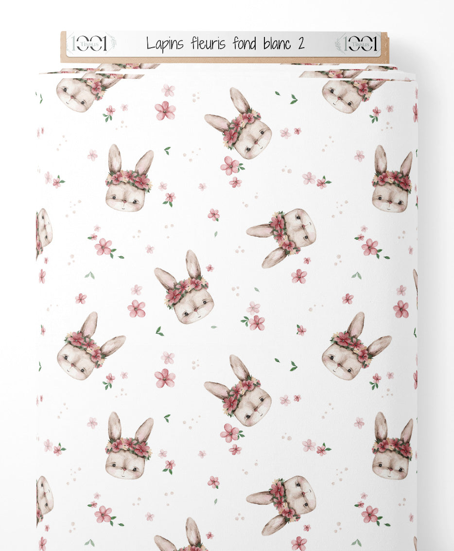 Tissu - Lapins fleuris sur fond blanc 2