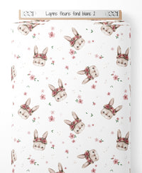 Tissu - Lapins fleuris sur fond blanc 2