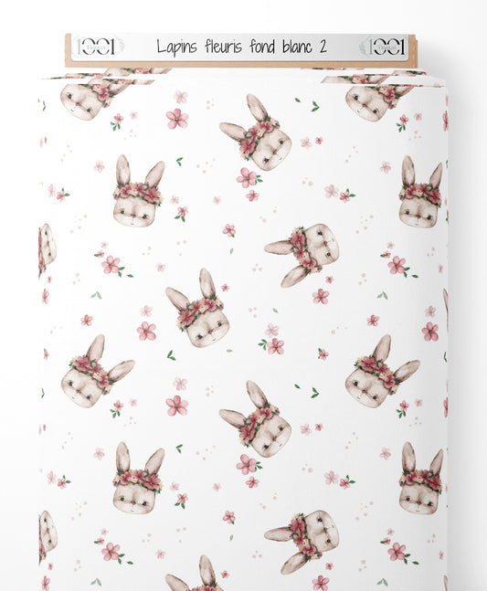 Tissu - Lapins fleuris sur fond blanc 2