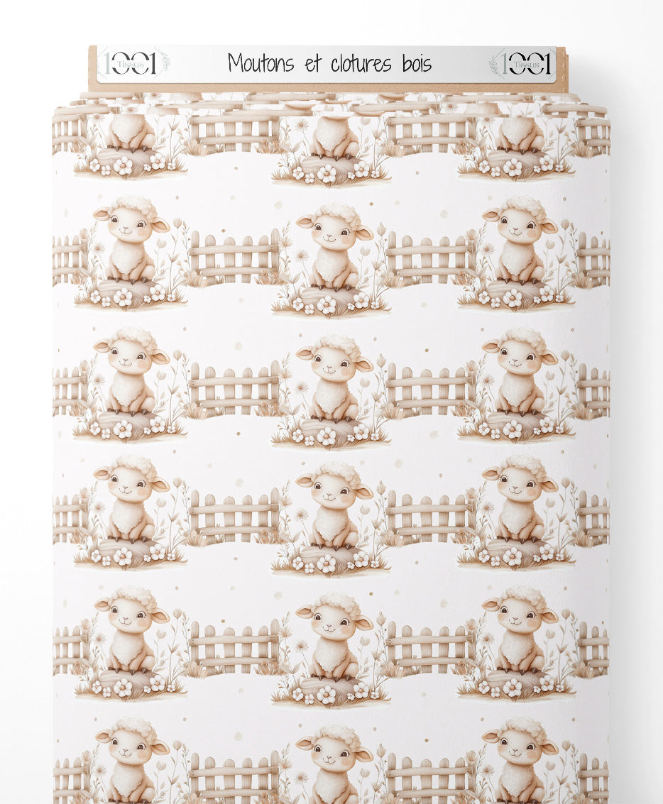 Tissu - Moutons et clôtures bois